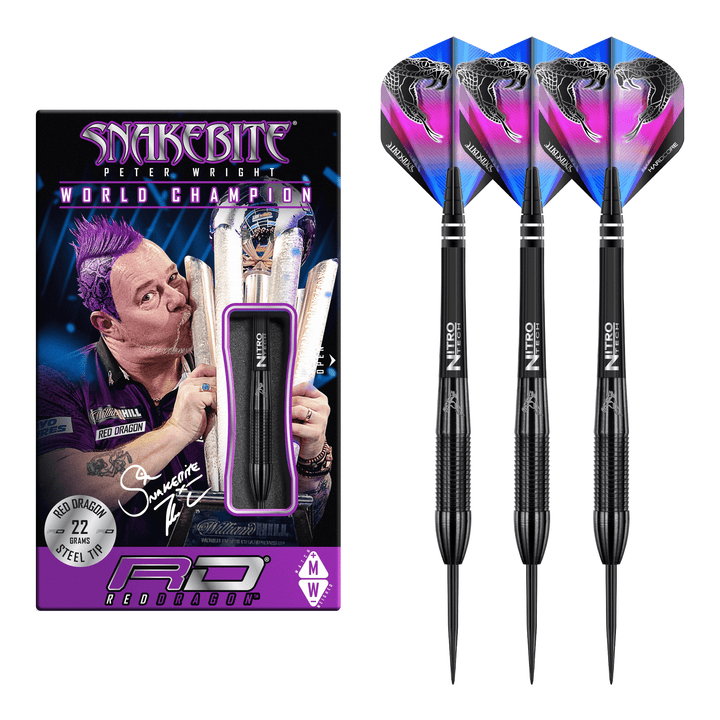 Red Dragon Peter Wright Snakebite 3 Black - 90% Tungsten Steel Tip Darts 22 Grams Darts